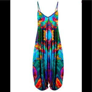 Turquoise and red abstract jumpsuit.